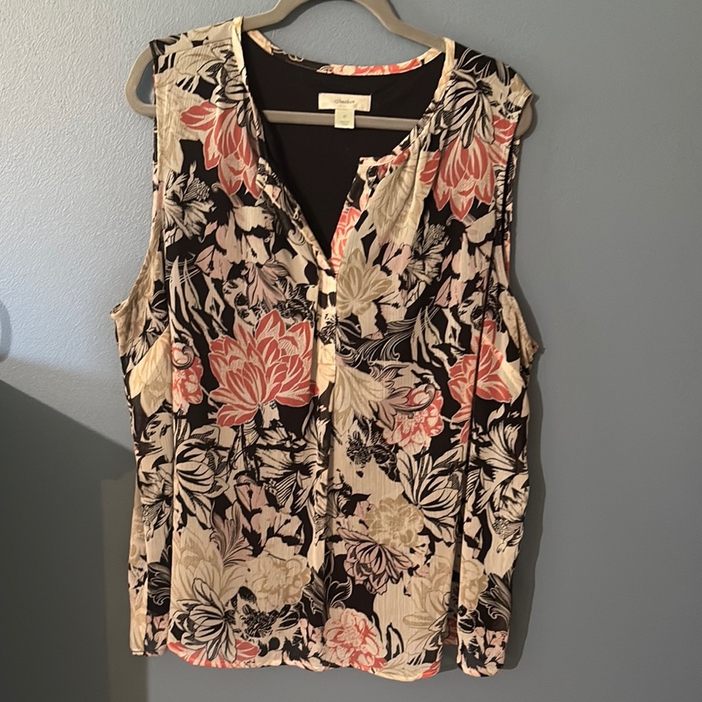 CJ Banks Floral Button-Front Blouse - Black and Coral Sleeveless Tank 3X
